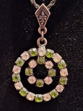 Vintage-Inspired Clear and Green Crystal Circle Pendant Necklace
